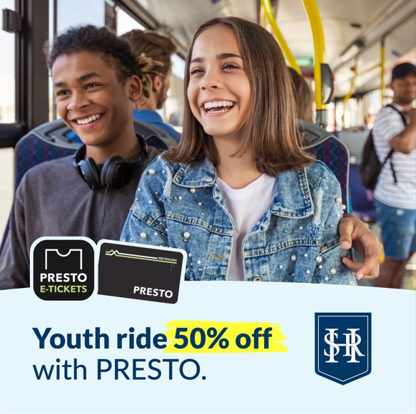 Youth ride 50% off with a PRESTO card
